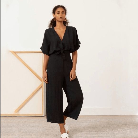 Modern Citizen Pants - Modern Citizen Black Wide Leg Cropped Short Sleeve Jumpsuit Women's Size Small